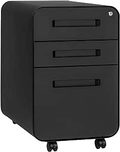 Laura Davidson Furniture Stockpile 3 Drawer File Cabinet with Lock - Under Office Desk Metal Filing Cabinet, Legal/Letter File Folders, Wheels and Stationary Feet, Pre-Assembled, Black/Grey