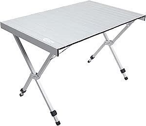 PORTAL Folding Outdoor Camping Table with Adjustable Height, Aluminum Roll-Up Top and Carry Bag, Big Large Portable Tables for Picnic, BBQ and Tailgating, Silver