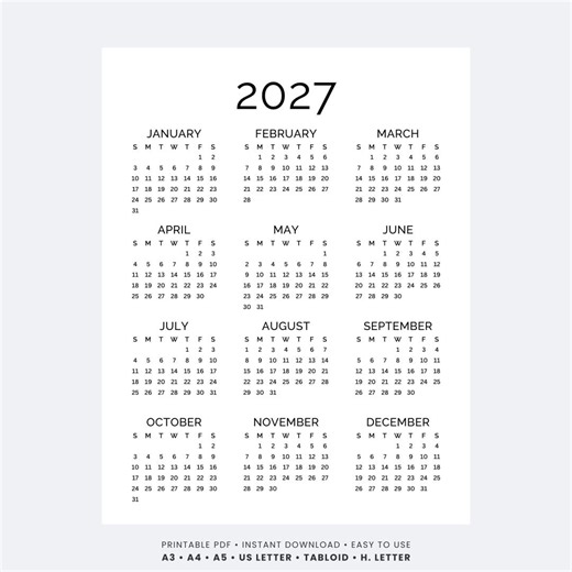 2027 Yearly Calendar Printable One Page | Full Year at a Glance Minimalist PDF | Monday & Sunday Start A4, US Letter, Tabloid, A3 Calendar - Etsy UK