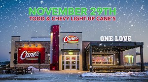 324 reactions · 46 shares | Chicago here we come! Cross-country road trip with Chevy Chase and Todd Graves for the Lighting of the Cane’s restaurant with over 13,000 lights on Dempster Street this Tuesday! Raising Cane's | Todd Graves | Facebook