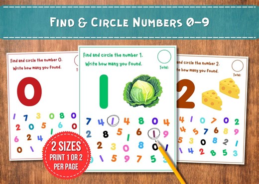 Find and Circle Numbers 0–9 Worksheets | Number Recognition & Counting Practice | Preschool Math Printable - Etsy