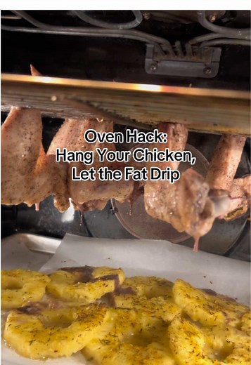 Hang your #chicken, let the fat drip — Instead of placing your wings on a pan or rack, try suspending it from your oven grate so the fat renders and drips naturally onto a tray of pineapple or whatever else you desire below. This primal- cooking method keeps the meat juicy and the skin crispy — all while flavoring what’s beneath. #animalbased #chickenmeals #carnivore I saw someone doing this with drumsticks and had to try it with a whole chicken… total game changer.
