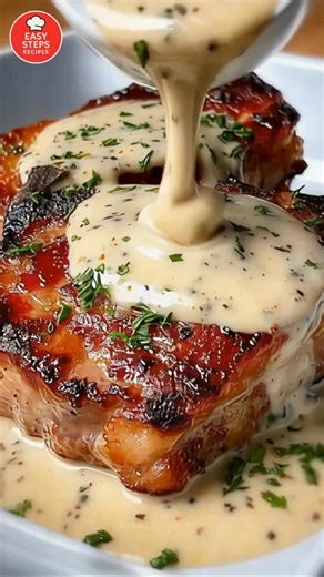 Maple Bacon Pork Chops with Dijon Mustard Cream Sauce 🥓🐖 Ingredients 4 pork chops 6 slices bacon, chopped 1 tbsp olive oil 1 cup heavy cream 2 tbsp Dijon mustard 2 tbsp maple syrup 1 tsp garlic powder Salt and pepper to taste 1 tbsp butter Fresh parsley for garnish How to Make: Season pork chops with salt, pepper, and garlic powder. In a skillet, cook bacon until crispy, then remove and set aside. In the same skillet, add olive oil and sear pork chops 4–5 minutes per side until golden brown an