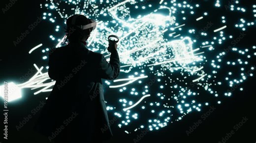 Programmer optimizes AI neural network data flow using virtual reality simulation, adjusting nodes. Computer scientist uses VR headset gear to manipulate artificial intelligence architecture, camera B