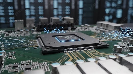 Dynamic closeup of a powerful central processing unit glowing with blue light on a green circuit board symbolizing advanced artificial intelligence data processing and the future of digital technolog.
