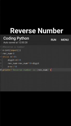 Reverse a number by using Loops concept (while loop)-python #coding #python