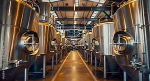 Brewery factory with fermentation tanks for modern beer production selective focus. Concept Brewery, Fermentation Tanks, Modern Beer Production, Selective Focus