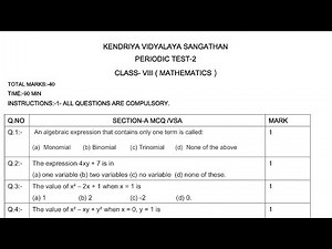 CLASS-8 MATHS / PT-2 Exam Question Paper / CBSE / periodic Test 2 / Kendriya Vidyalaya Students