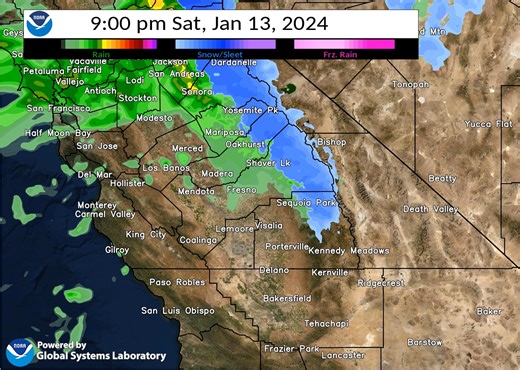 This simulated radar loop from the High-Resolution Rapid Refresh computer model depicts precipitation spreading southward across Central California Saturday afternoon. Periods of precipitation are expected Saturday evening into Sunday morning, north of Kern County. | US National Weather Service Hanford California