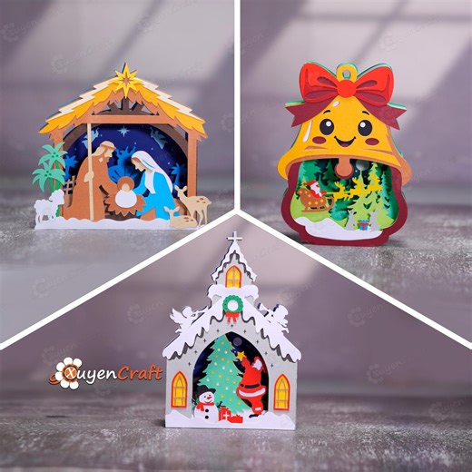 Set 3 Christmas 3D Pop-up Card Templates – Nativity Scene, Winter Church, Christmas Bell | DIY Papercut Christmas Ornament | PDF SVG Files - Etsy