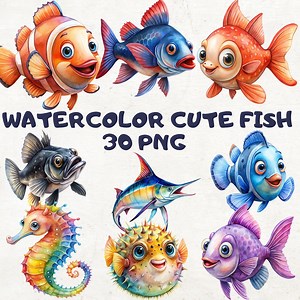 Watercolor Funny Fish Clipart: 30 PNG Sea Animal Illustrations - Etsy