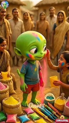 The poor alien worked hard and gave colors and water guns to poor people #One23 #shorts #holispical