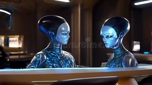 Humanoid Robots Interacting in Futuristic Setting Stock Footage - Video of conversation, screen: 387208990