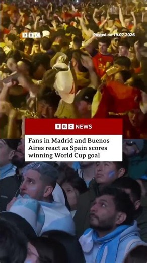 Fans in Madrid and Buenos Aires react as Spain scores winning World Cup goal. #bbcnews