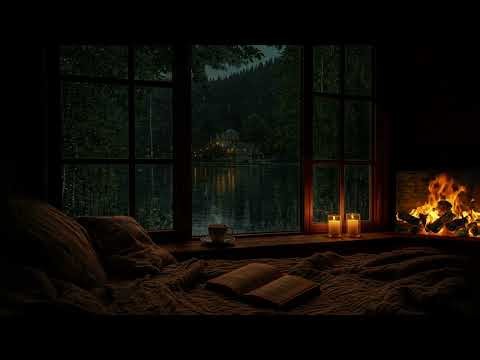 Cozy Spring Rain Outside the Window(No Ads)🌧️Calm Lakeside - Warm Fireplace Sounds for Sleep & Relax