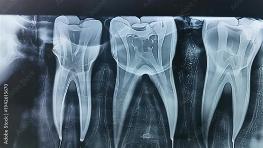 A dental X-ray image showing the details of multiple teeth's roots and surrounding bone structure