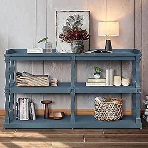 Retro Console Entryway Table, 3-tier Open Storage Spaces Sideboard, Solid Wood Sofa Sidetable with 3 Sides of Enclosure Design TableTop and Roman Column Effect Support Legs for Entryway and Hallway