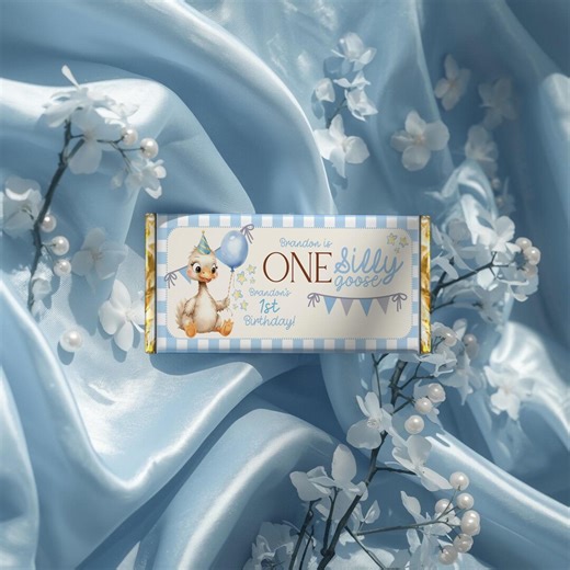 One Silly Goose Chocolate Bar Wrapper Template, Blue Coquette Bow Gingham Candy Bar Labels, Editable Canva Printable 1st Birthday Boy SGB4 - Etsy