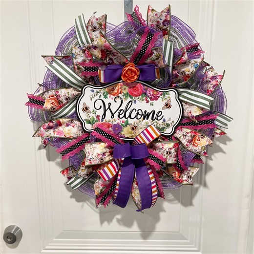 Purple Deco Mesh Welcome Wreath | Floral Bee Ribbon Spring Summer Front Door Wreath Pink Green Whimsical - Etsy