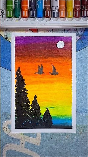 Easy Sunset to Night Sky Drawing 🌙 | Oil Pastel Scenery Step by Step