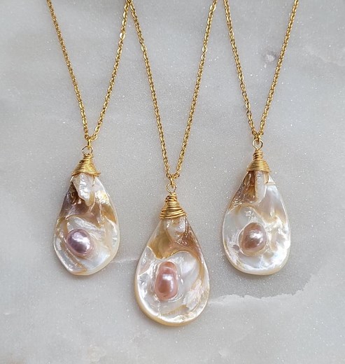 Real Natural Iridescent Oyster Shell Seashell Freshwater Pearl Teardrop Tropical Ocean Mermaid Beach Wrapped Charm Gold Pendant Necklace - Etsy