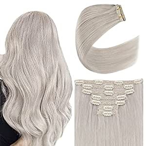 YoungSee 20inch Gray Clip in Extensions Remy Human Hair Dip Dyed Grey Clip on Hair Extensions Full Head Clip in Straight Human Hair 120g/7pcs