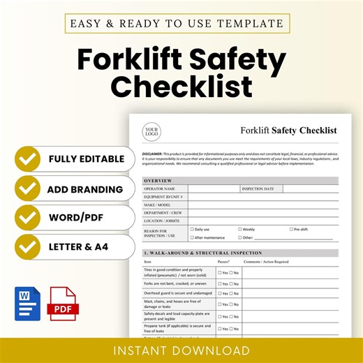 Forklift Safety Checklist Template – Word & PDF, A4   US Letter - Etsy