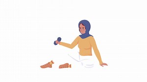 Animated modest woman exercising. Dumbbell workout. Full body flat person on white background with alpha channel transparency. Colorful cartoon style HD video footage of character for animation