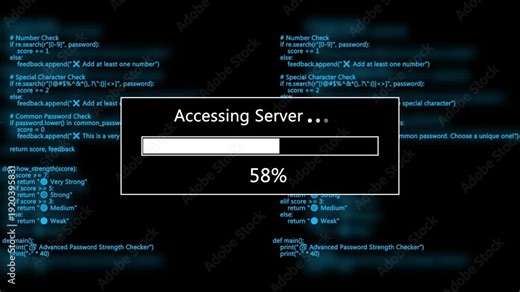 Computer screen with server access code and loading animation