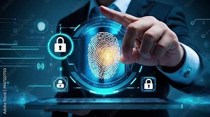 A futuristic graphic showing a fingerprint scanning system powered by artificial intelligence. security icons, padlock, data protection concept in digital environments.