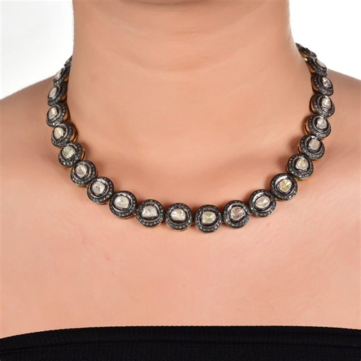 Victorian Diamond Polki Necklace: Pave Diamond, 18K Gold Coated Silver - Etsy