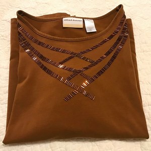 Alfred Dunner brown short-sleeved blouse with coppery-bronze pin beading (2X)