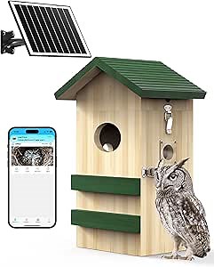 4G Smart Owl House with Camera Solar Powered, 2K HD Bird Watching,Large Pine Owls Box for Kestrels, Auto Detect & Notify, Night Vision, APP Control, Screech Owl Nest Box for Outside with Mounting