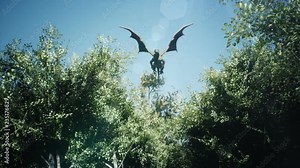 A big dragon flew over the forest and landed searching for his enemies. 3D animation fantasy background