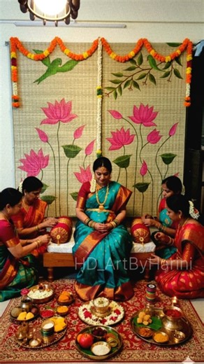 Harini | Leaf artist🍃 on Instagram: "Customized Hand-painted backdrop 💗 Looking for unique backdrop ideas for your home events, pooja setup, or festive celebrations? This hand-painted mat is a perfect choice! ✔️ Size: 6 feet x 3 feet ✔️ Material: Eco-friendly korai grass. ✔️ Easy to Hang. Velcro attached. Custom sizes and themes are available. Check the watsapp link in BIO for more products, price details and to place orders. Backdrop idea | Indian traditional decor | Eco-friendly hand-painted