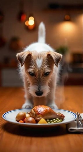 Small Terrier Standing on Kitchen Table Staring at Owner's Dinner Plate