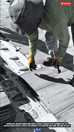 Worker Roofing Innovation Makes Tile Painting Job Easy Work with Special Adhesive Pad