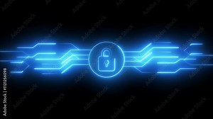 Animation of a circuit board with a padlock in cyber space. Cybersecurity, digital lock and circuit board for data coding, Closed padlock on digital circuit board.Animation Security lock with loading