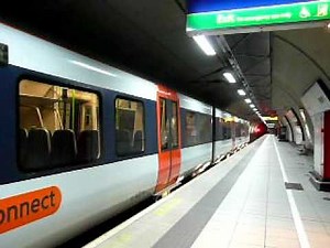 The Heathrow Connect's train arrives at Heathrow Terminal 4 Station