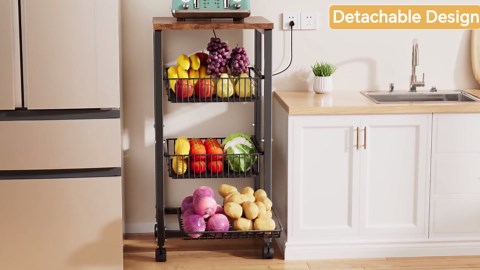 SNTD Fruit Basket Vegetable Stand for Kitchen Pantry, Pull Out Metal Wire Basket with Wood Top for Fruit Vegetable Onions Potatoes Snacks