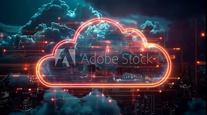 Nighttime Cloud Computing Visualization Over Major City - Digital Data Transfer and Global Network Virtualization