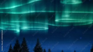 Animation of aurora borealis glowing trails in blue over landscape and stars on sky at night