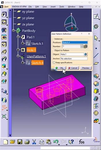 CATIA V5 User Defined Pattern Smart CAD Trick #Shorts