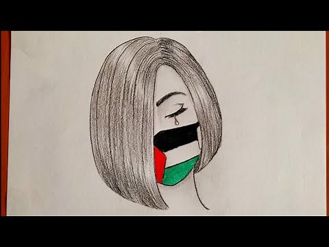 رسم بنات كيوت بالرصاص خطوة بخطوة للمبتدئين | تعلم رسم بنت حزينة تضع كمامة علم فلسطين | رسم سهل