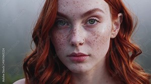 Freckled model with stunning red hair poses in a foggy forest setting for a captivating outdoor portrait Stock ビデオ