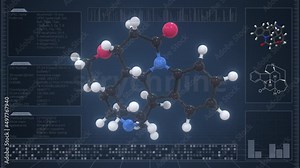Overview of the molecule of strychnine on the computer screen. Loopable 3d animation