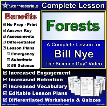 Complete Lesson for Bill Nye Forests - Worksheets, Quizzes, Lesson Plans