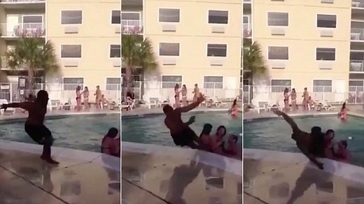 Guy attempting somersault slips and lands on girls in pool