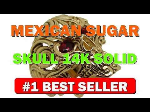 Mexican Sugar Skull 14K Solid Gold Ruby Eyes Ring Biker Memento Mori - B0784BWX18