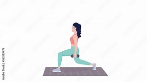 Animated doing dumbbell squat on mat. Body exercise. Full body flat person on white background with alpha channel transparency. Colorful cartoon style HD video footage of character for animation